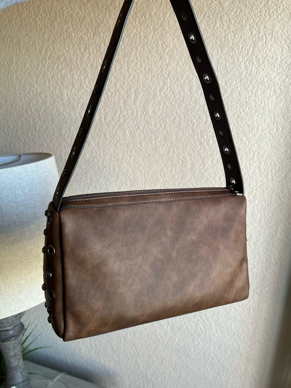Brown Rectangular Shoulder Bag with Studded Strap - Brand New